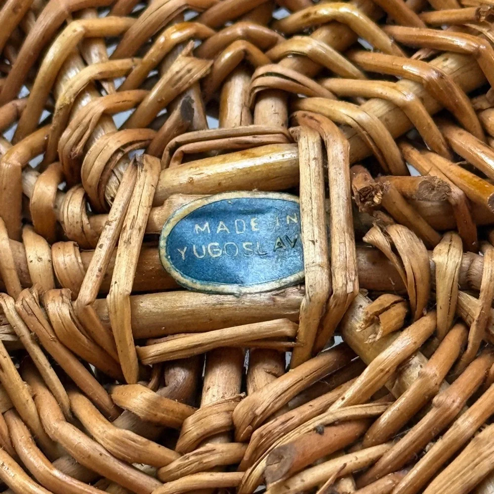 Vintage Yugoslavian Wicker 9.5” Rustic Rattan Round Hand Woven Fruit Basket